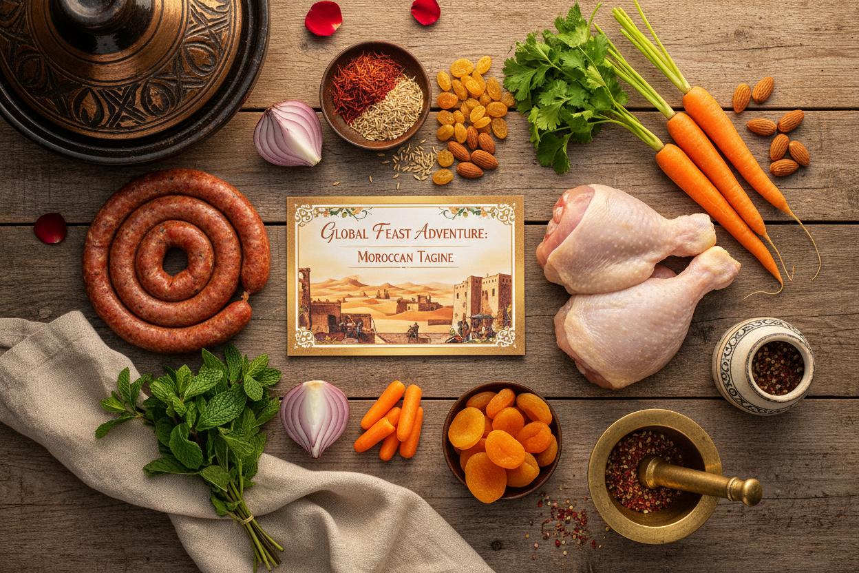 ROAMSOME Weekly Mystery Meal Kit - fresh ingredients and recipe card flat lay