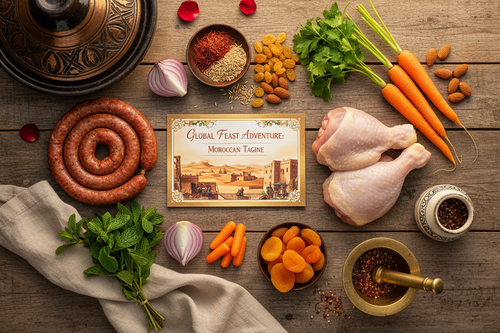 ROAMSOME Weekly Mystery Meal Kit - fresh ingredients and recipe card flat lay